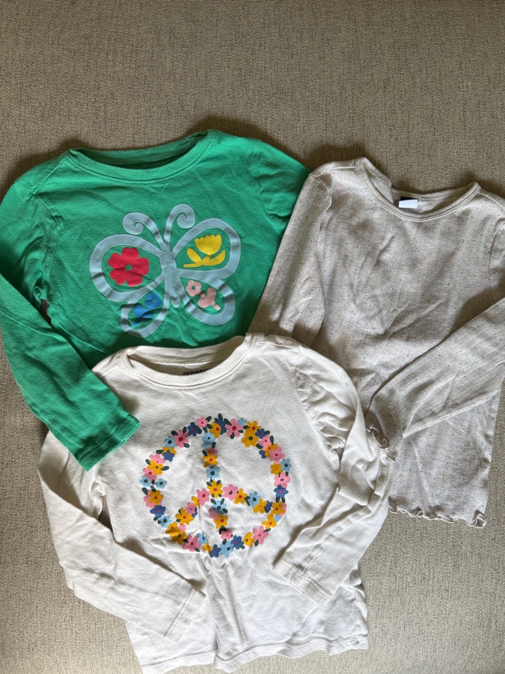 Kids Long-Sleeve Tops - Green Butterfly & Cream Floral Peace Designs